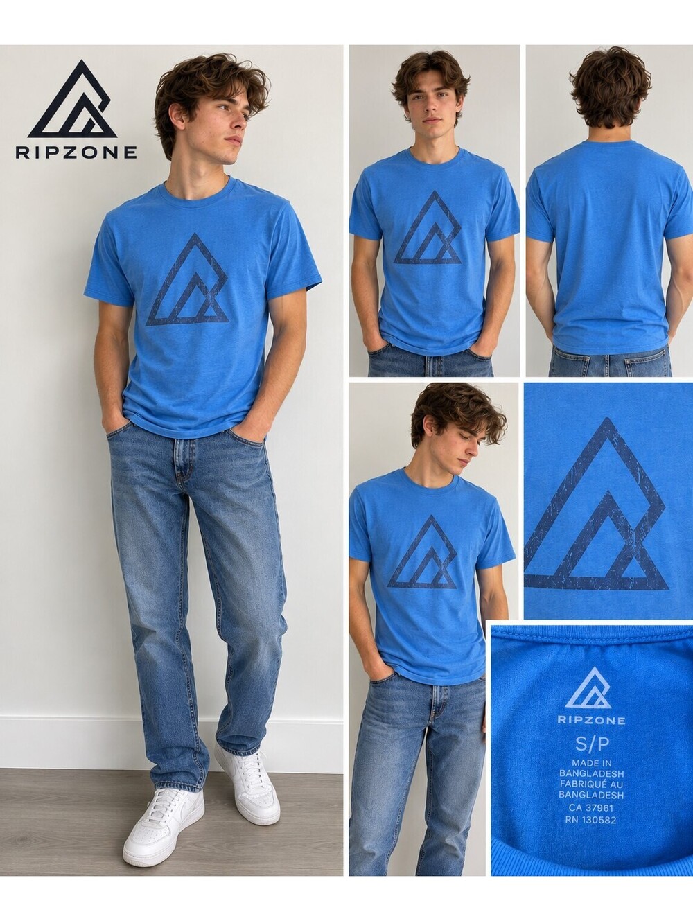 Ripzone Men’s Blue Geometric Logo Tee Small Y2K Surf Skate Streetwear